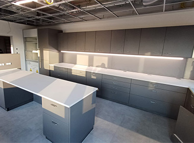Laborarbeitsbereich in U-Form mit Farbakzenten in Anthrazit